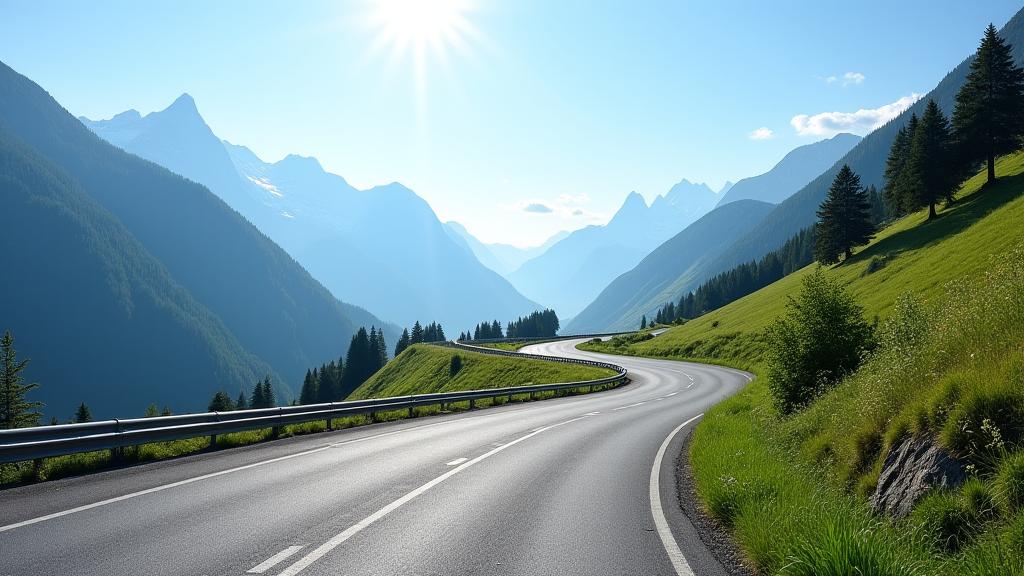 Autoroute sinueuse traversant les Alpes suisses en été.